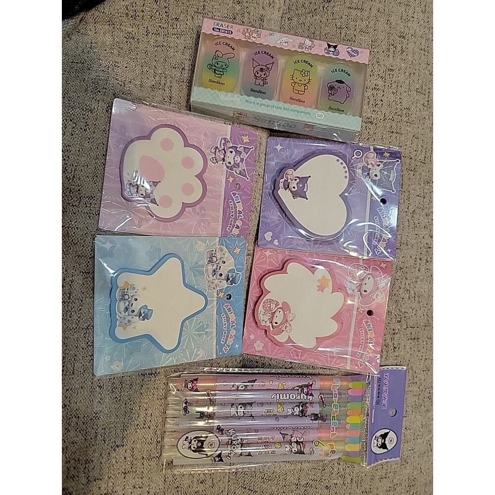 Kawaii Stationary Set Sticky Notes Highlighters Erasers New Kuromi More